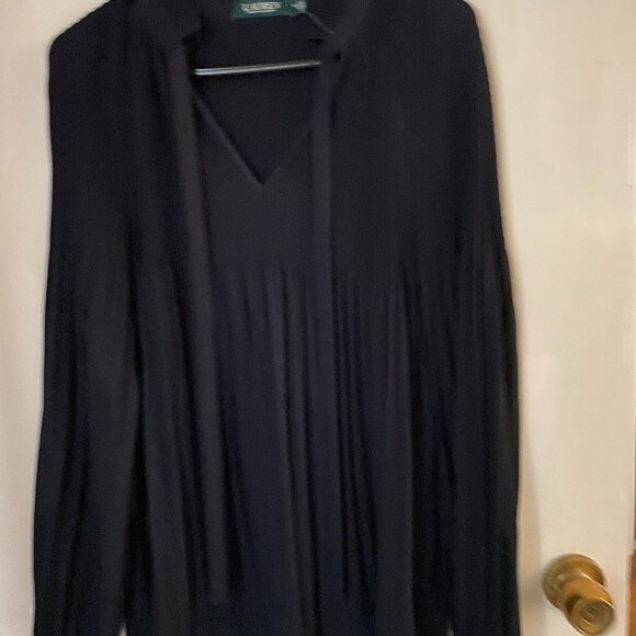LAUREN Ralph Lauren Navy Blue Duong Pleated Georgette Tie Neck Blouse - Size S - Picture 1 of 2